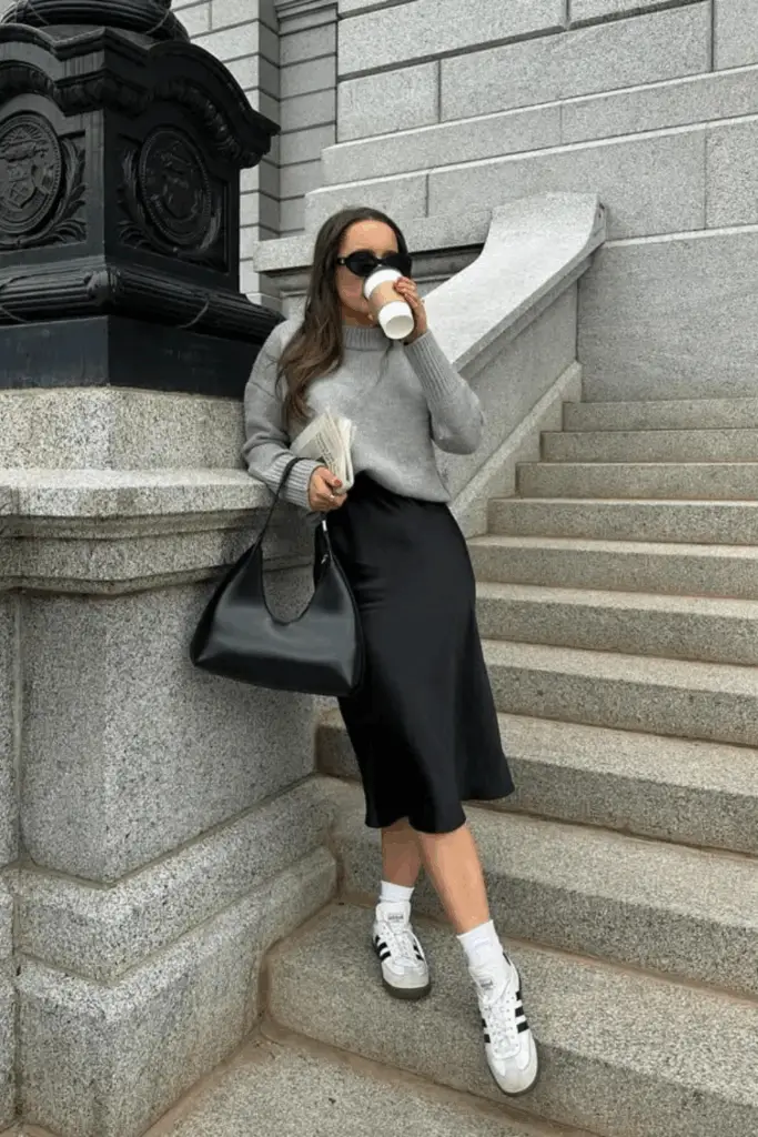 How to Style a Black Satin Midi Skirt for Fall Outings - The Catalog by  Celine